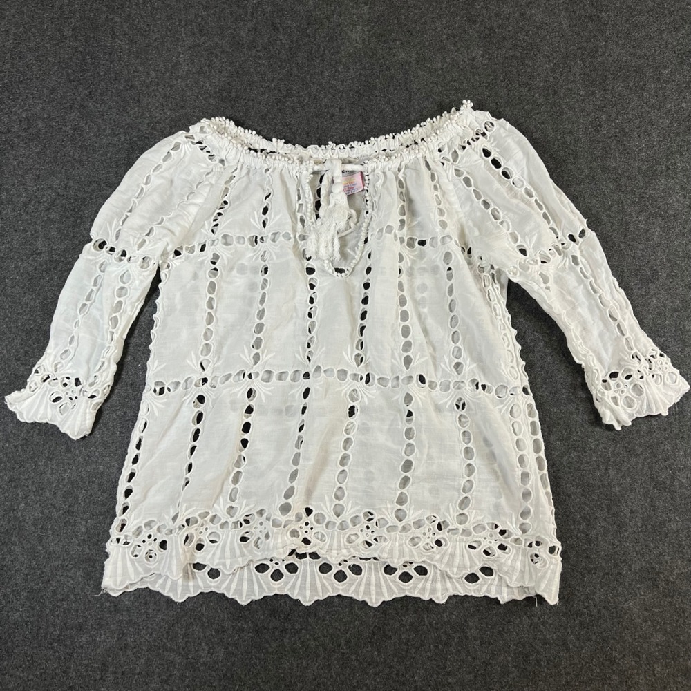 Gretchen Scott White Eyelet Cotton Blouse Tassel Tie Boho Top Small